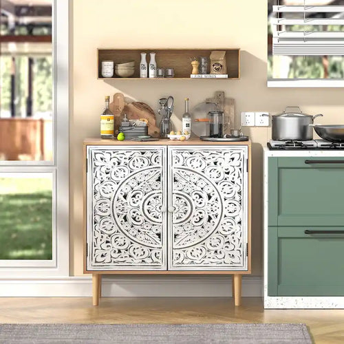 Anmytek 2-Door Hollow-Carved Wood Buffets and Sideboards Storage Cabinet for Living Room - 31.5W x 13.78D x 30.71H