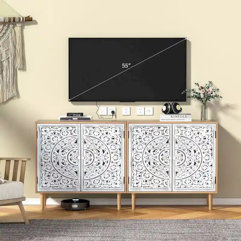 Anmytek 2-Door Hollow-Carved Wood Buffets and Sideboards Storage Cabinet for Living Room - 31.5W x 13.78D x 30.71H
