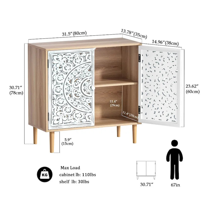 Anmytek 2-Door Hollow-Carved Wood Buffets and Sideboards Storage Cabinet for Living Room - 31.5W x 13.78D x 30.71H