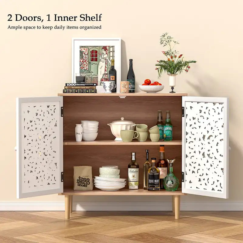 Anmytek 2-Door Hollow-Carved Wood Buffets and Sideboards Storage Cabinet for Living Room - 31.5W x 13.78D x 30.71H