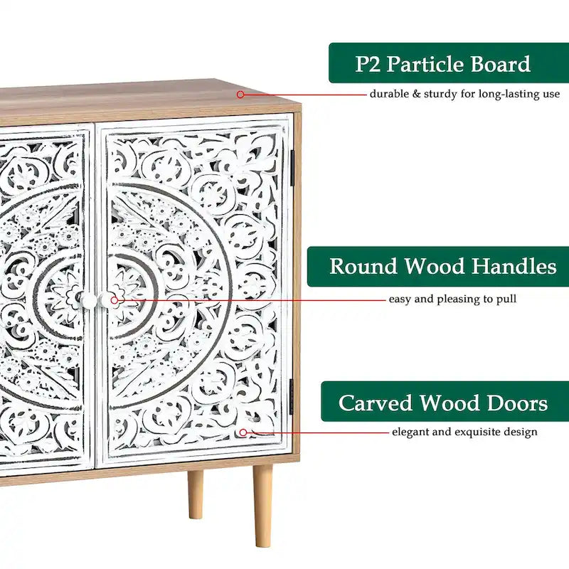 Anmytek 2-Door Hollow-Carved Wood Buffets and Sideboards Storage Cabinet for Living Room - 31.5W x 13.78D x 30.71H