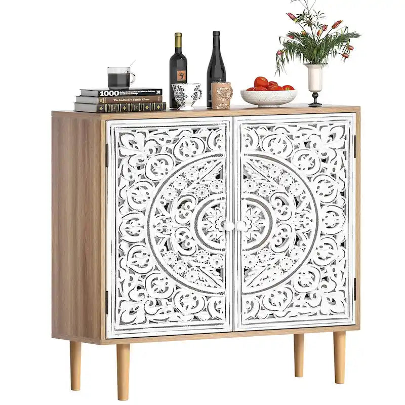 Anmytek 2-Door Hollow-Carved Wood Buffets and Sideboards Storage Cabinet for Living Room - 31.5W x 13.78D x 30.71H