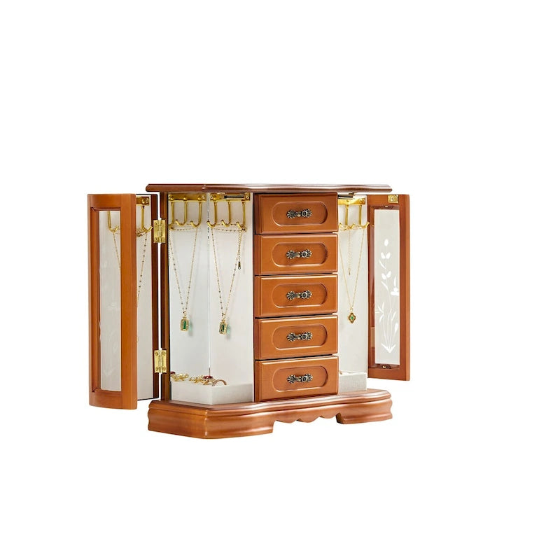 Stufurhome Solid Wooden Jewelry Box with 5-Drawers Built-in Necklace hook and Mirror Brown