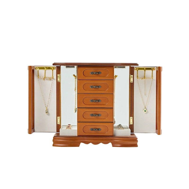 Stufurhome Solid Wooden Jewelry Box with 5-Drawers Built-in Necklace hook and Mirror Brown