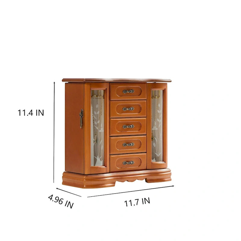 Stufurhome Solid Wooden Jewelry Box with 5-Drawers Built-in Necklace hook and Mirror Brown