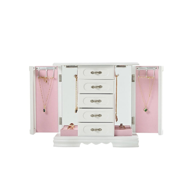 Stufurhome Solid Wooden Jewelry Box with 5-Drawers Built-in Necklace hook and Mirror Brown