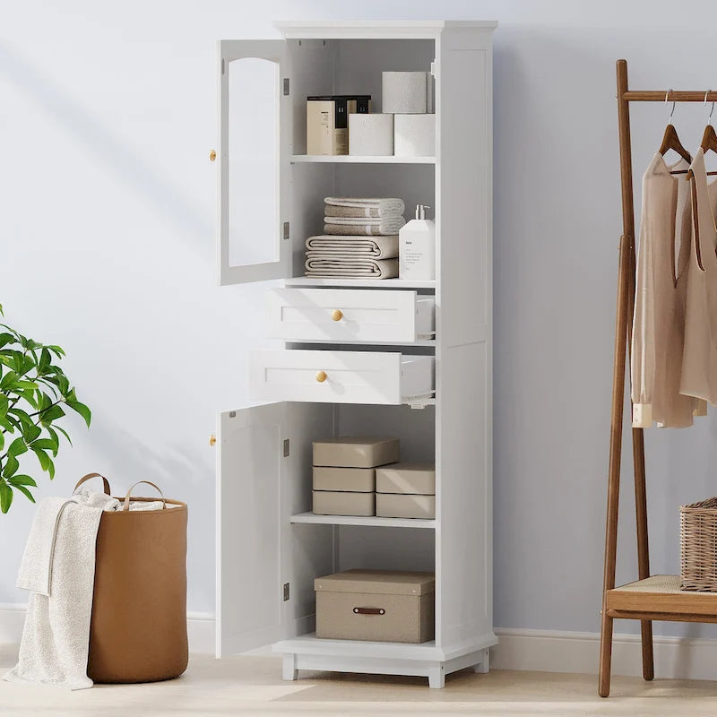 Tall Bathroom Storage Cabinet with Glass Doors Free Standing Cabinet with Two Drawers