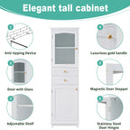 Tall Bathroom Storage Cabinet with Glass Doors Free Standing Cabinet with Two Drawers