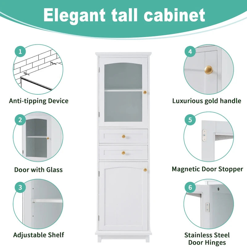 Tall Bathroom Storage Cabinet with Glass Doors Free Standing Cabinet with Two Drawers