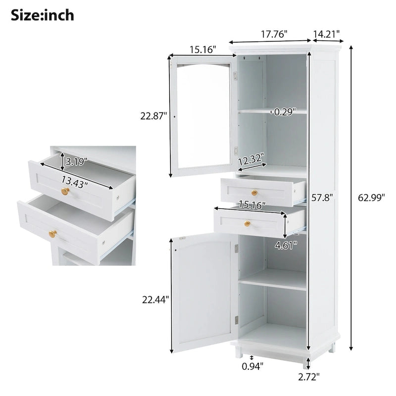 Tall Bathroom Storage Cabinet with Glass Doors Free Standing Cabinet with Two Drawers