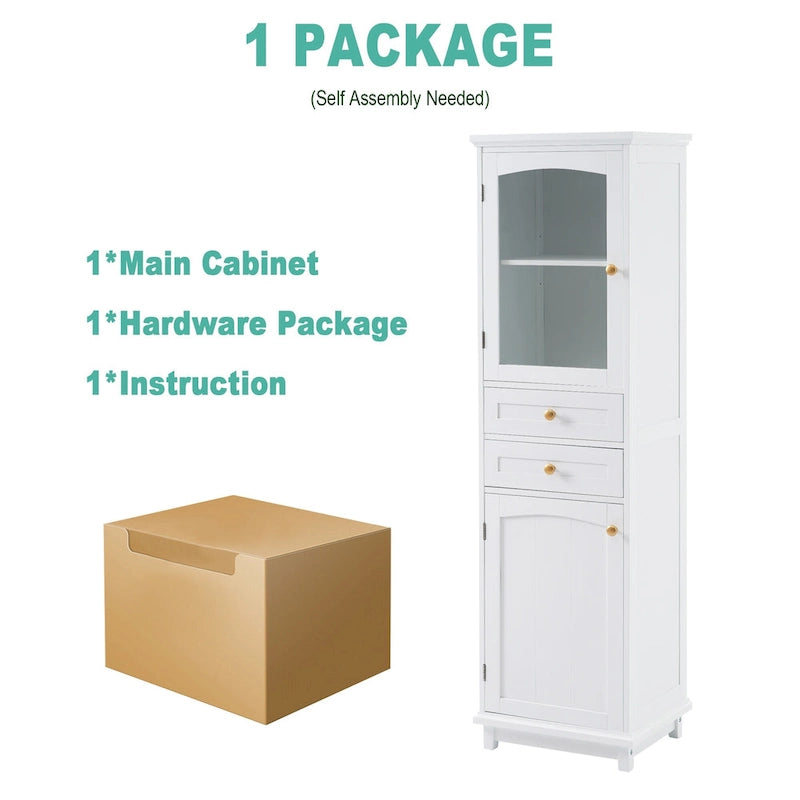 Tall Bathroom Storage Cabinet with Glass Doors Free Standing Cabinet with Two Drawers