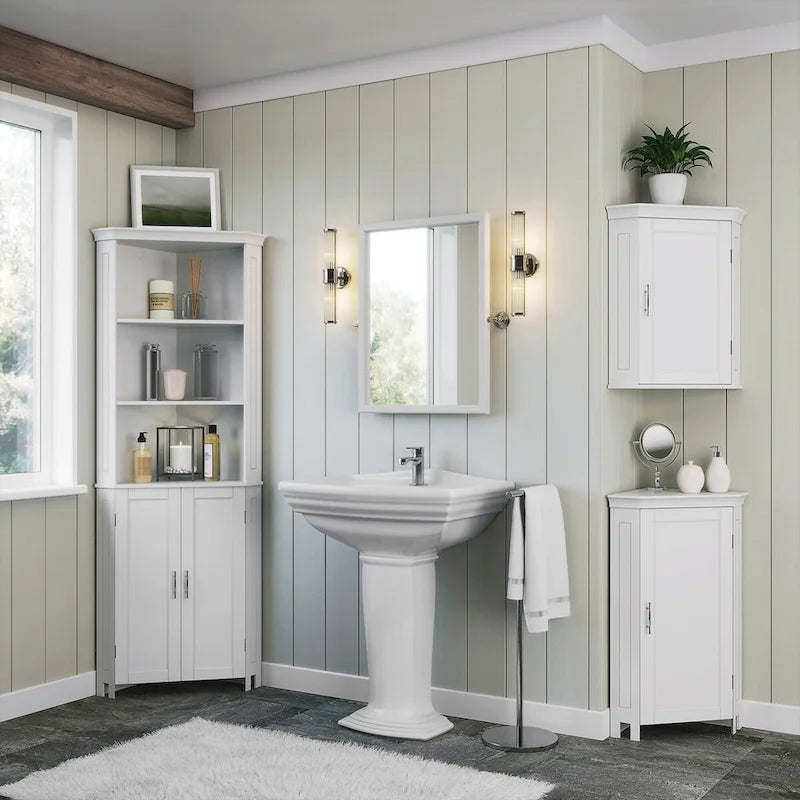 RiverRidge Somerset Corner Floor Bathroom Storage Cabinet Organizer with Doors and an Adjustable Shelf - White