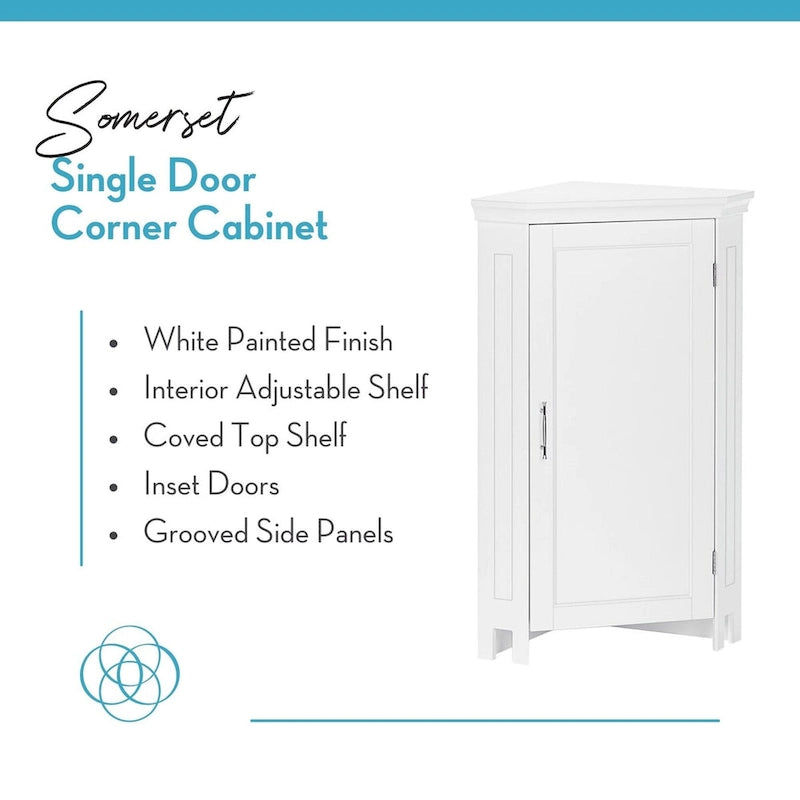 RiverRidge Somerset Corner Floor Bathroom Storage Cabinet Organizer with Doors and an Adjustable Shelf - White
