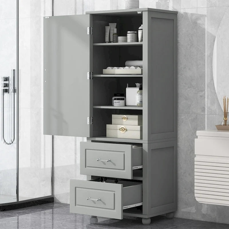 61.4 Tall Bathroom Storage Cabinet, Two Drawers and Adjustable Shelf