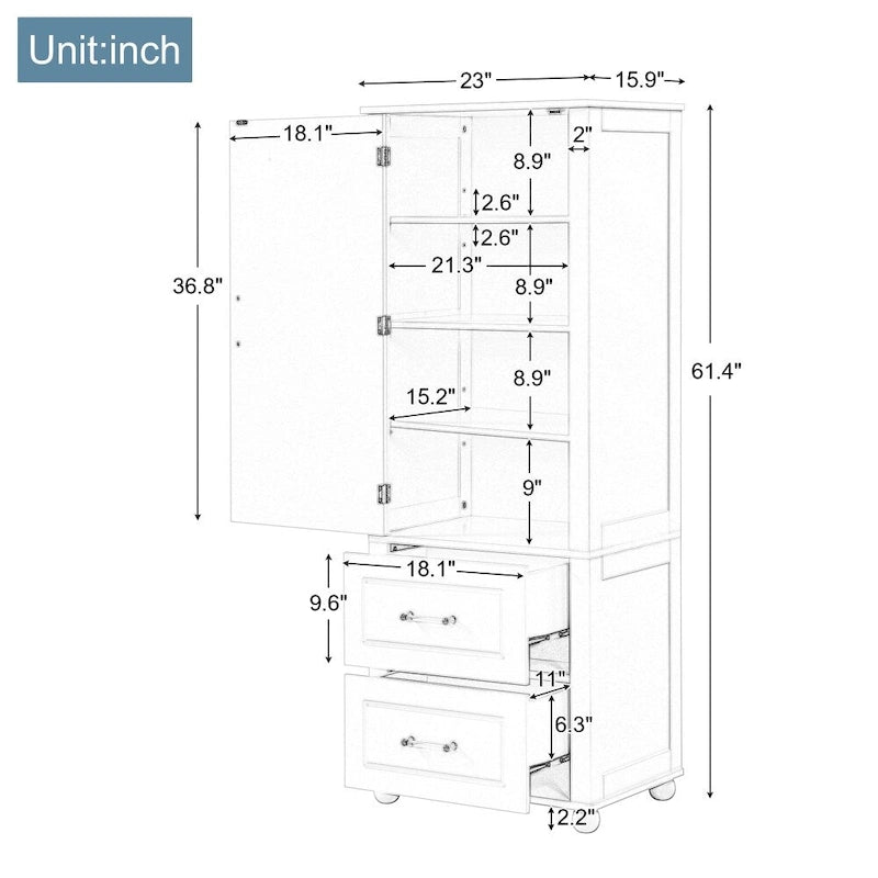 61.4 Tall Bathroom Storage Cabinet, Two Drawers and Adjustable Shelf