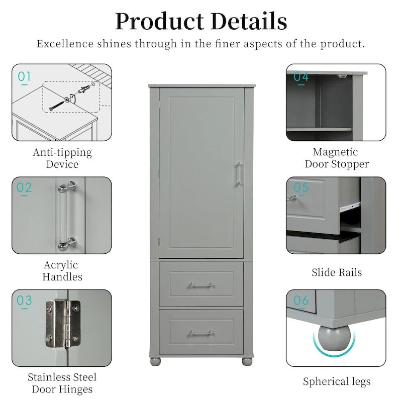 61.4 Tall Bathroom Storage Cabinet, Two Drawers and Adjustable Shelf