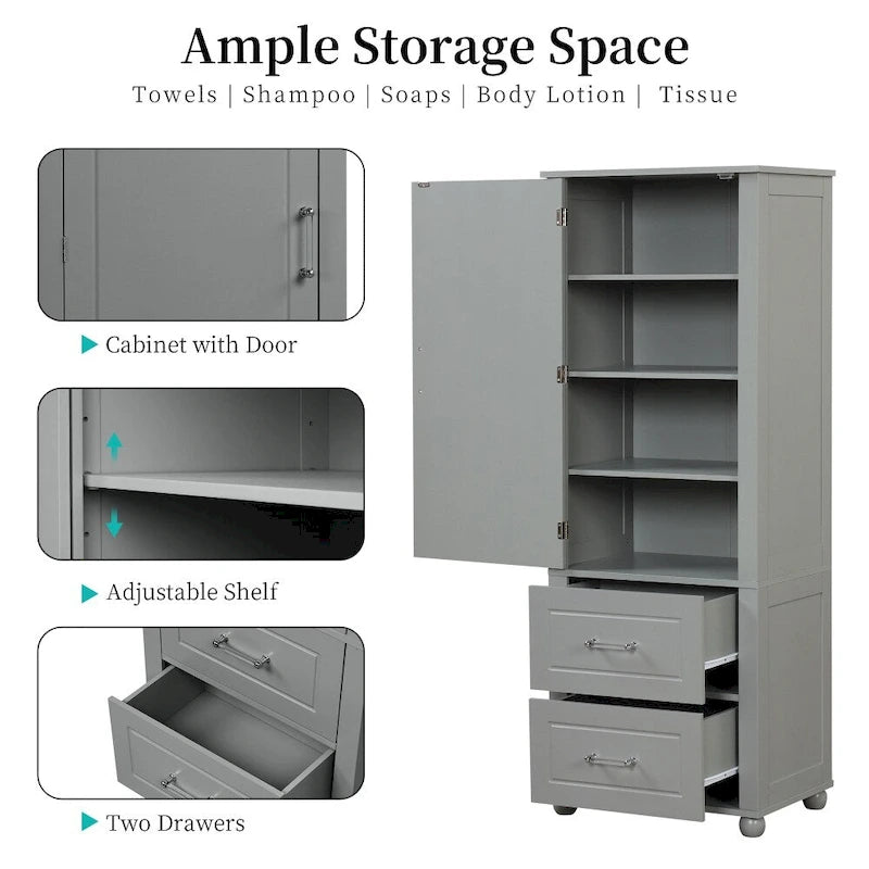 61.4 Tall Bathroom Storage Cabinet, Two Drawers and Adjustable Shelf