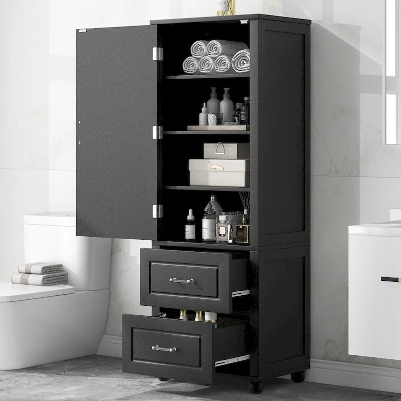 61.4 Tall Bathroom Storage Cabinet, Two Drawers and Adjustable Shelf