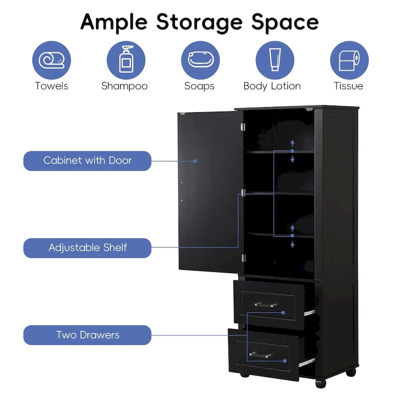 61.4 Tall Bathroom Storage Cabinet, Two Drawers and Adjustable Shelf