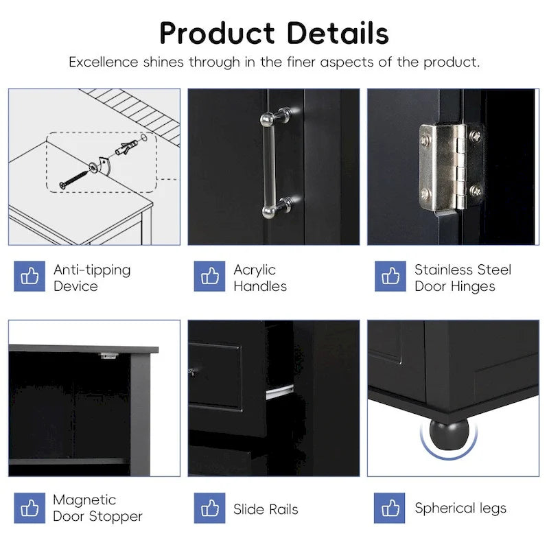 61.4 Tall Bathroom Storage Cabinet, Two Drawers and Adjustable Shelf