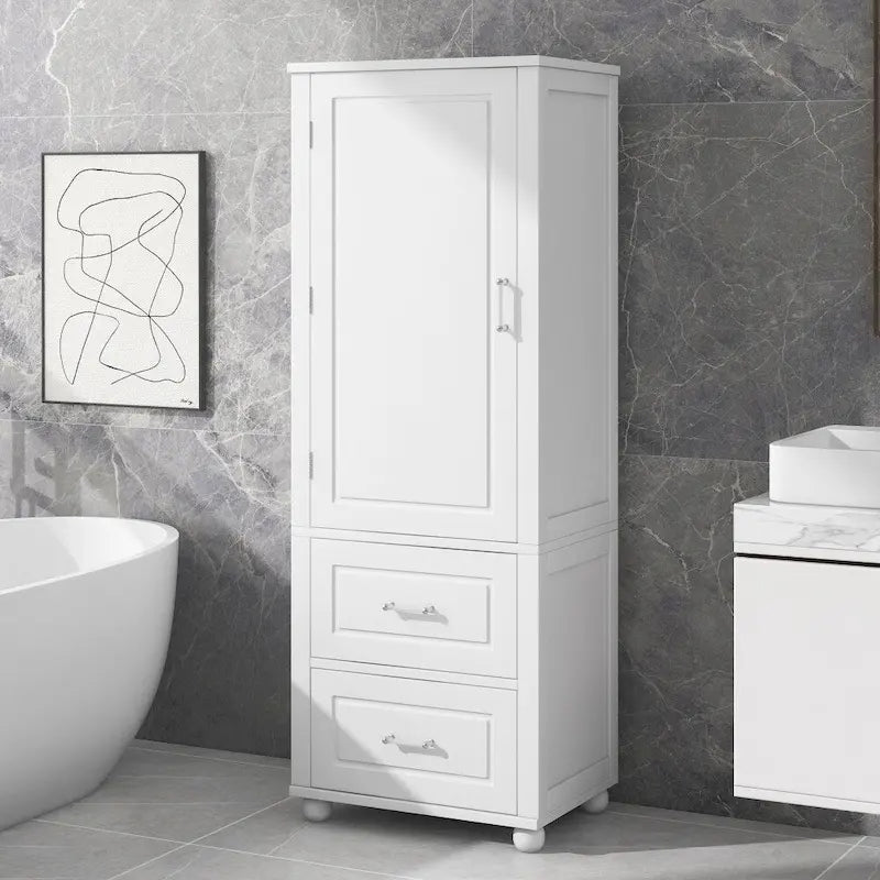 61.4 Tall Bathroom Storage Cabinet, Two Drawers and Adjustable Shelf