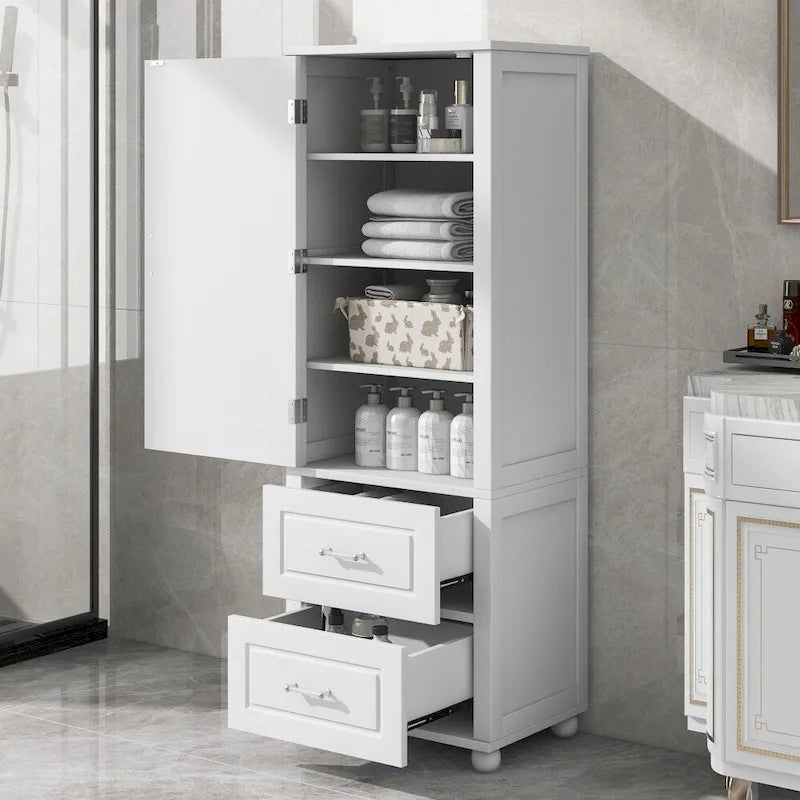 61.4 Tall Bathroom Storage Cabinet, Two Drawers and Adjustable Shelf