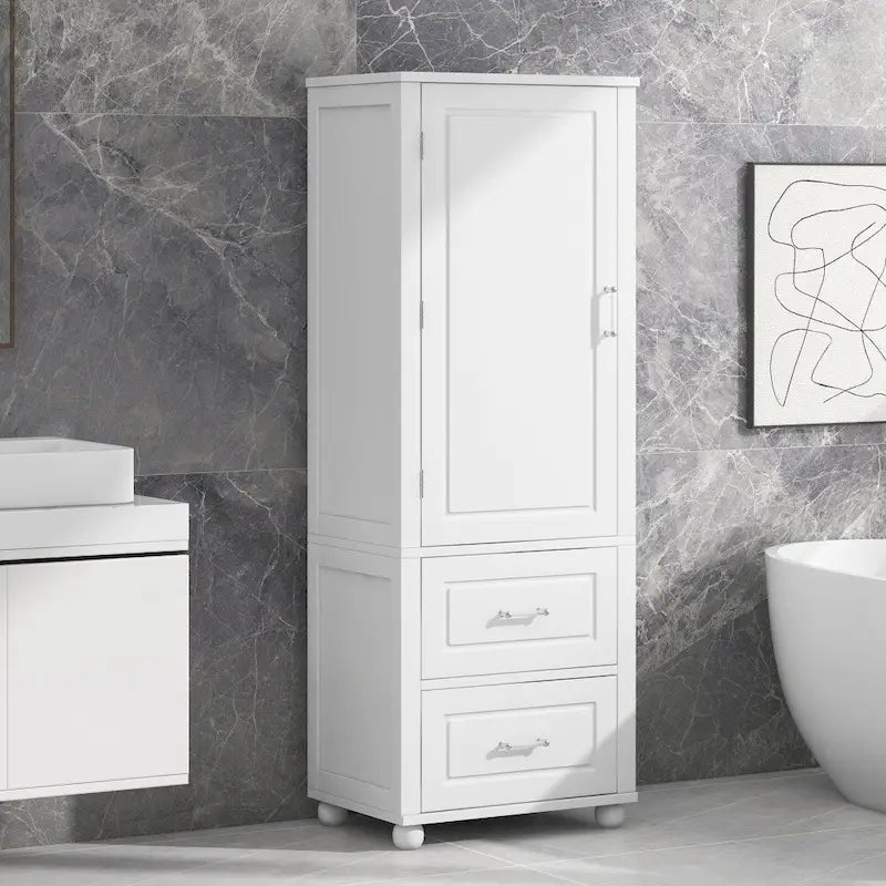 61.4 Tall Bathroom Storage Cabinet, Two Drawers and Adjustable Shelf