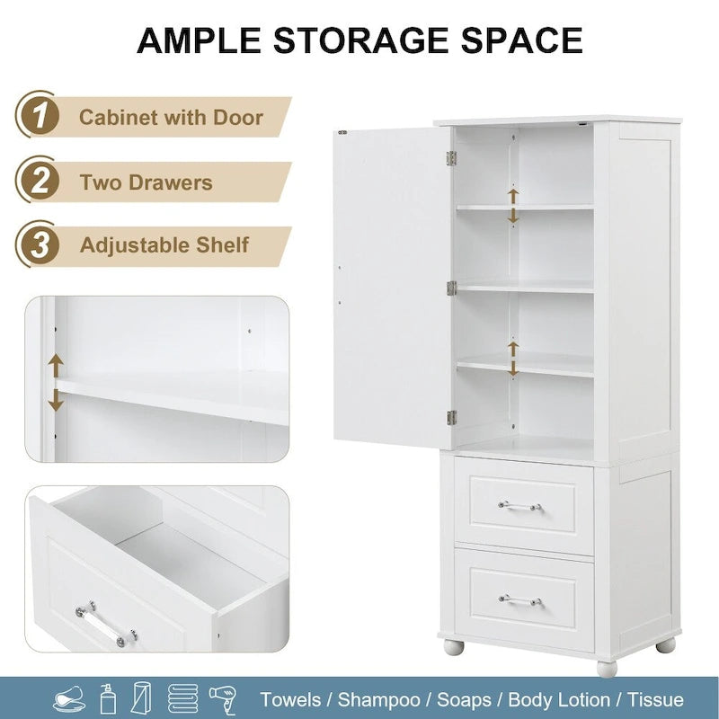 61.4 Tall Bathroom Storage Cabinet, Two Drawers and Adjustable Shelf