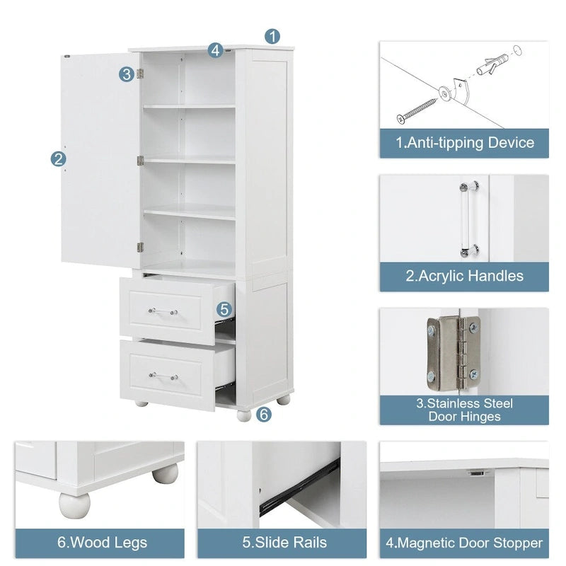 61.4 Tall Bathroom Storage Cabinet, Two Drawers and Adjustable Shelf