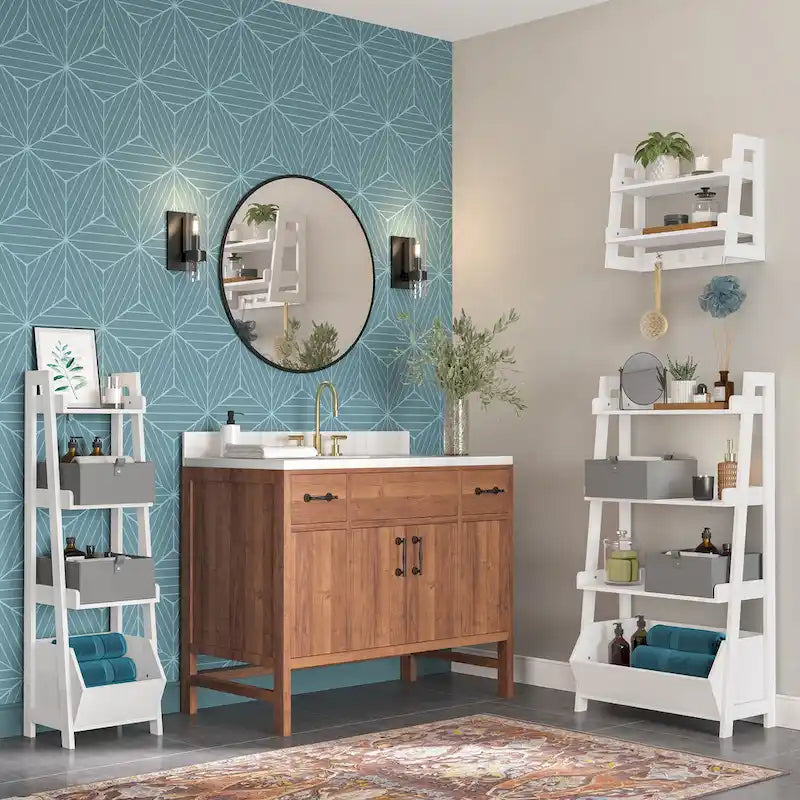 RiverRidge Amery 4-Tier 24in Ladder Shelf with Display Shelf and Storage Organizer Bin - White with 2 10 Floating Bookshelves