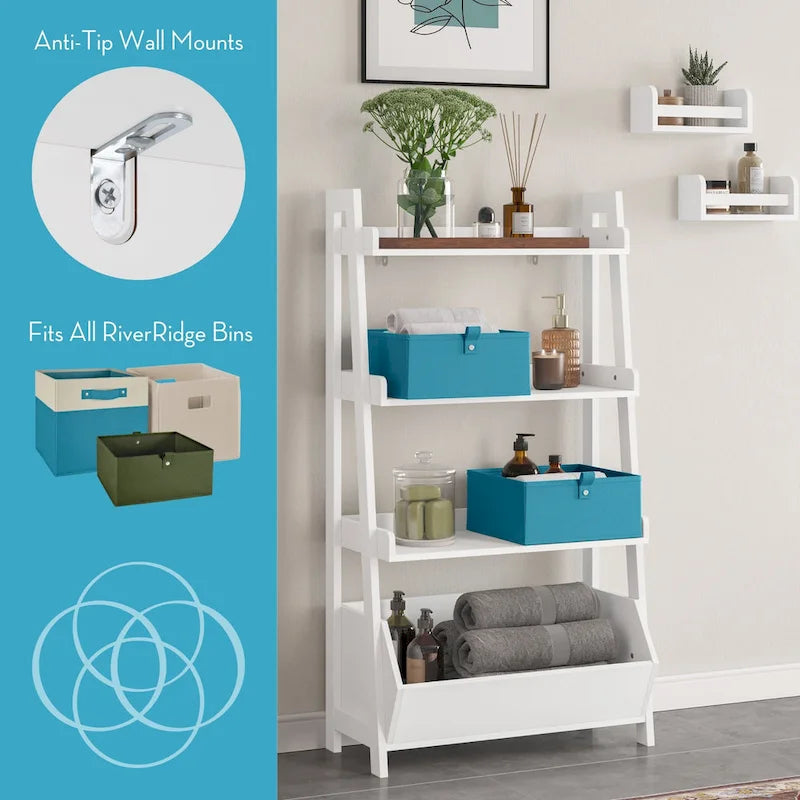 RiverRidge Amery 4-Tier 24in Ladder Shelf with Display Shelf and Storage Organizer Bin - White with 2 10 Floating Bookshelves