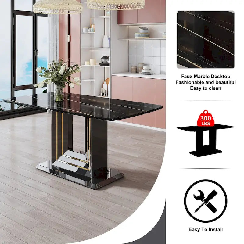 Dining table. Black imitation marble pattern desktop. Black MDF table legs, gold lines, black base
