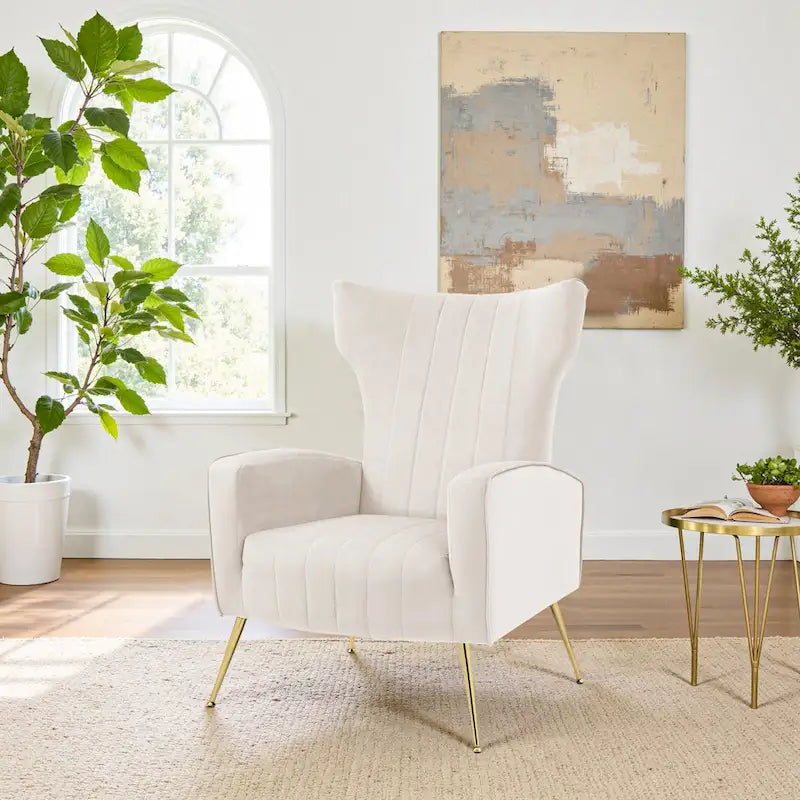 Velvet Stripe Wingback Accent Chair with Metal Legs for Living Room
