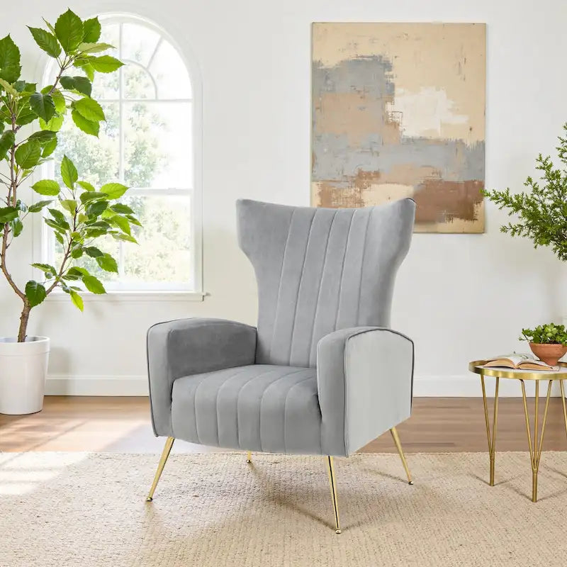 Velvet Stripe Wingback Accent Chair with Metal Legs for Living Room