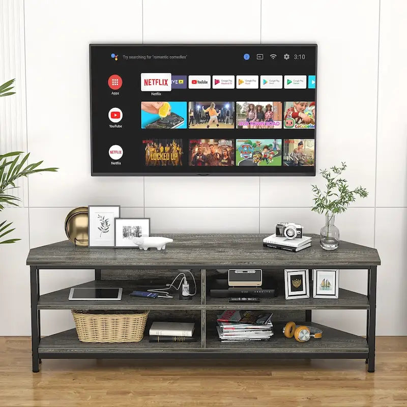 Farmhouse Wood Corner TV Stand with Power Outlet, Space Saving Entertainment Center Media TV Console Table