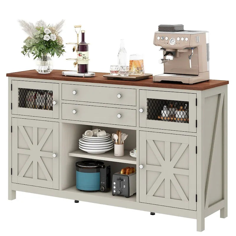59 Coffee Bar Cabinet Barn Door Storage Cabinet With 2 Large Drawers & Visual Grid Door