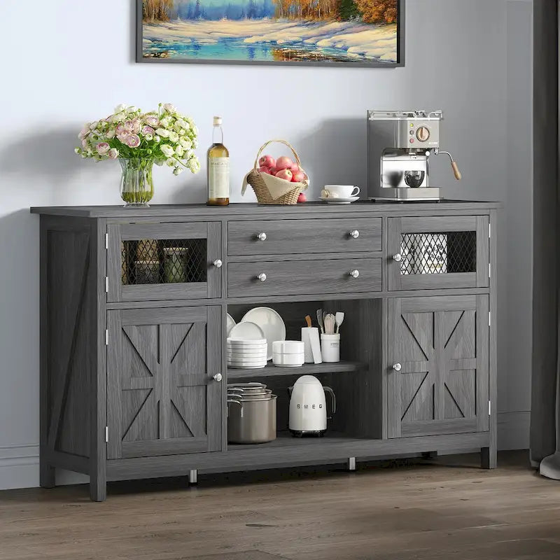 59 Coffee Bar Cabinet Barn Door Storage Cabinet With 2 Large Drawers & Visual Grid Door