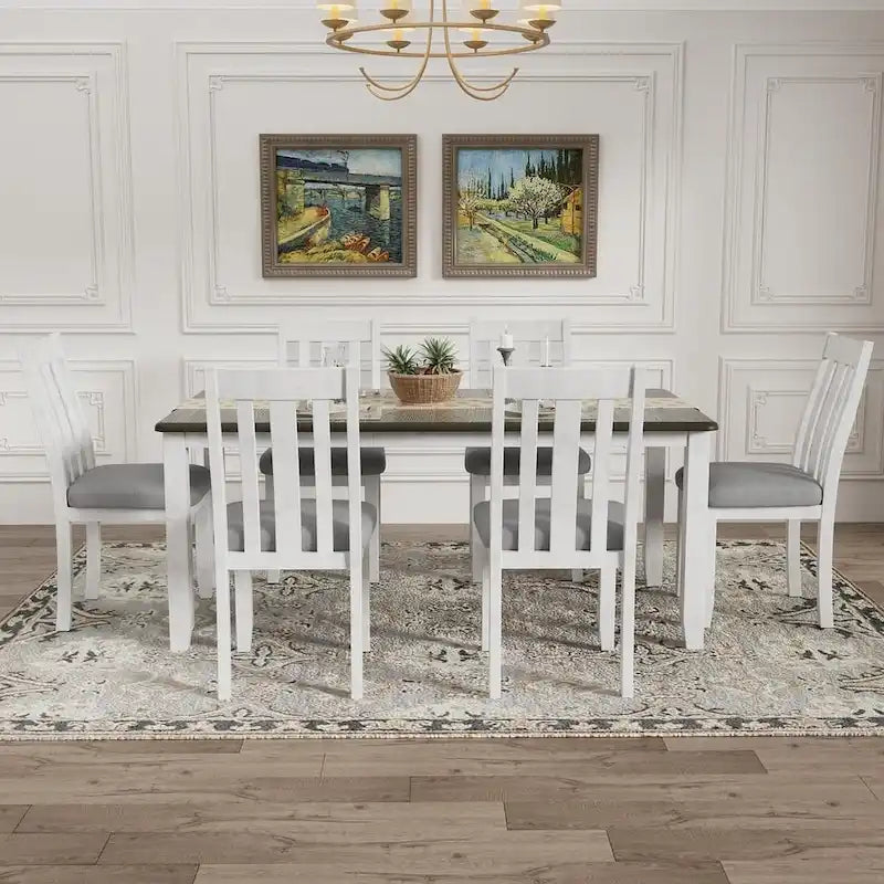 Retro Style 7 PCS Dining Table Set for 6-Extendable Table and 6 Upholstered Chairs