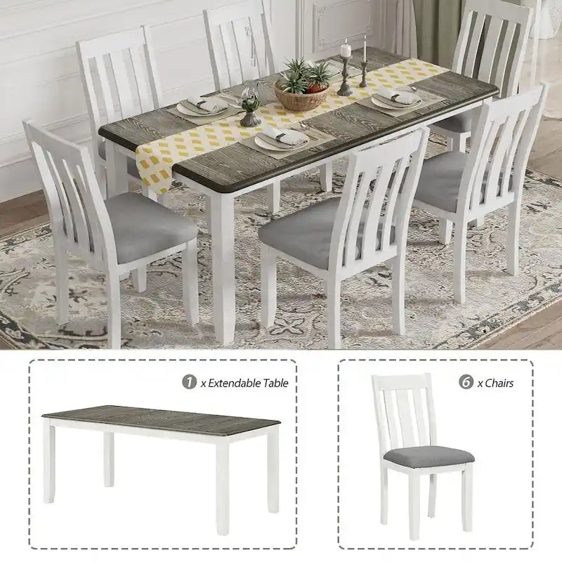 Retro Style 7 PCS Dining Table Set for 6-Extendable Table and 6 Upholstered Chairs