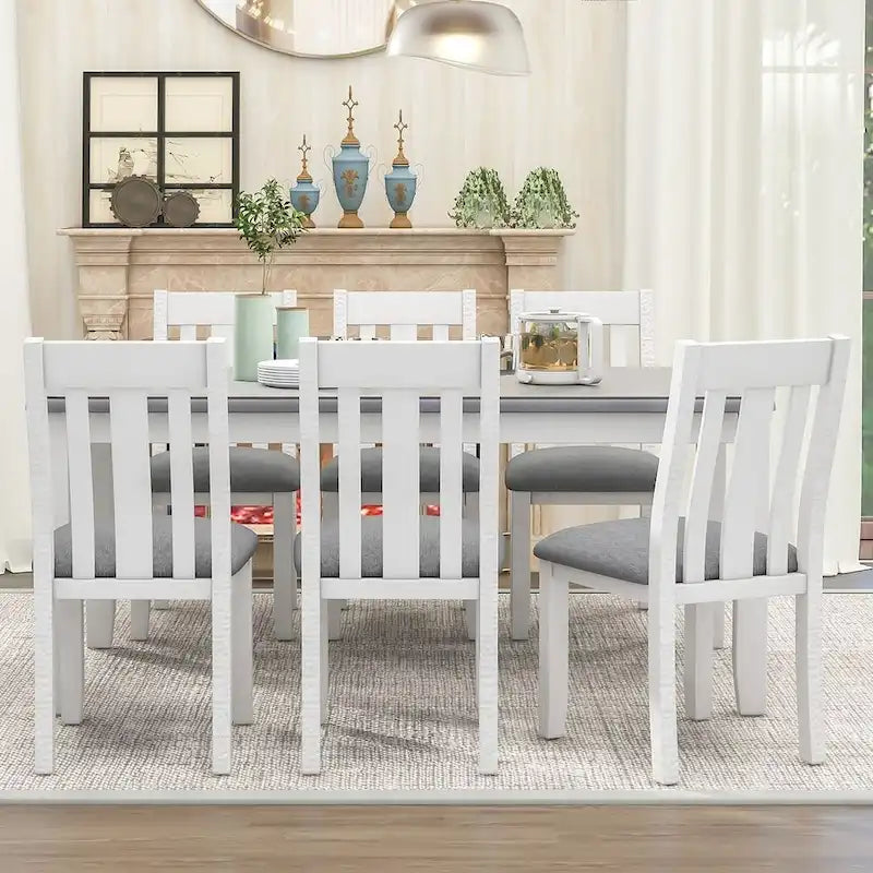 Retro Style 7 PCS Dining Table Set for 6-Extendable Table and 6 Upholstered Chairs