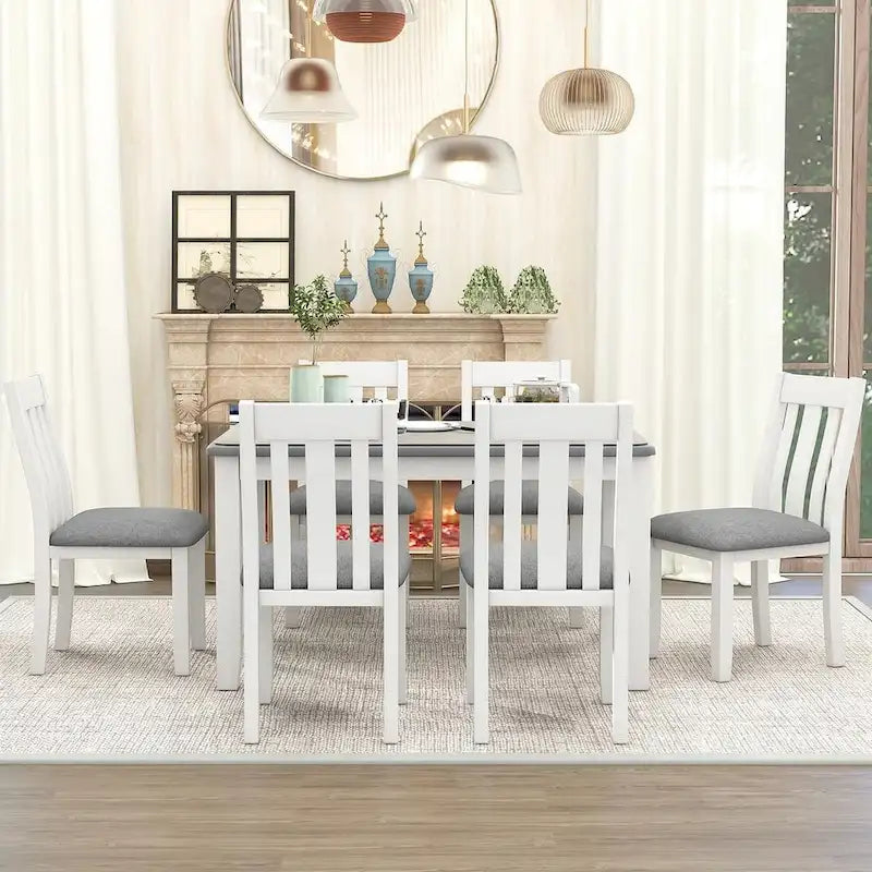 Retro Style 7 PCS Dining Table Set for 6-Extendable Table and 6 Upholstered Chairs