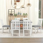 Retro Style 7 PCS Dining Table Set for 6-Extendable Table and 6 Upholstered Chairs
