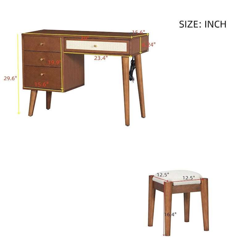39Makeup Vanity Set with Charging Plug&USB Port and Stool,Dressing Table with 3 Storage Drawers,1 Rectangular Rattan Drawer