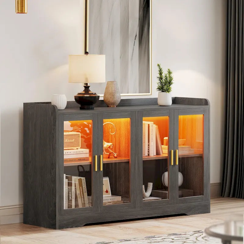 Moasis 55 Sideboard Buffet Cabinet with LED Light, Storage Cabinet with Doors and Adjustable Shelves