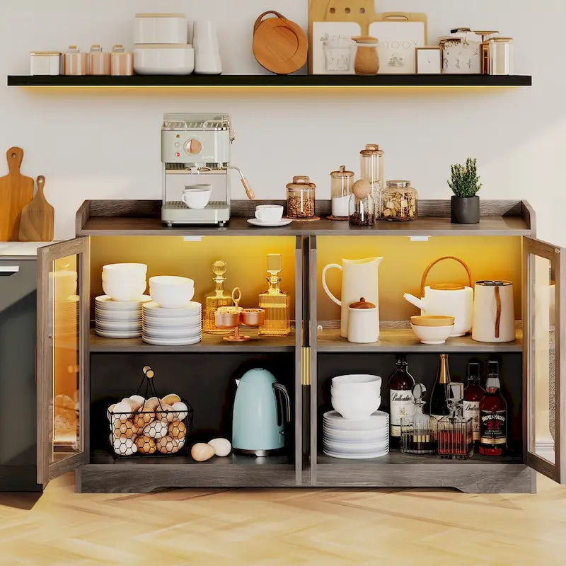 Moasis 55 Sideboard Buffet Cabinet with LED Light, Storage Cabinet with Doors and Adjustable Shelves