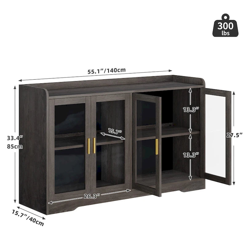 Moasis 55 Sideboard Buffet Cabinet with LED Light, Storage Cabinet with Doors and Adjustable Shelves