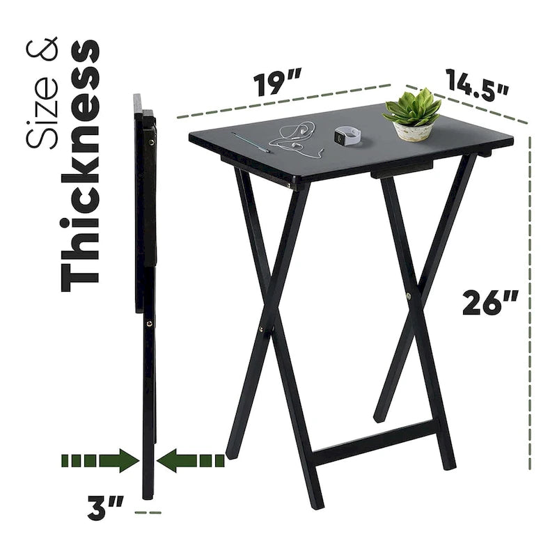 PJ Wood Folding TV Tray Tables with Compact Storage Rack, Black, 2 Piece Set - 18.44