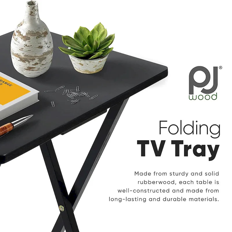PJ Wood Folding TV Tray Tables with Compact Storage Rack, Black, 2 Piece Set - 18.44
