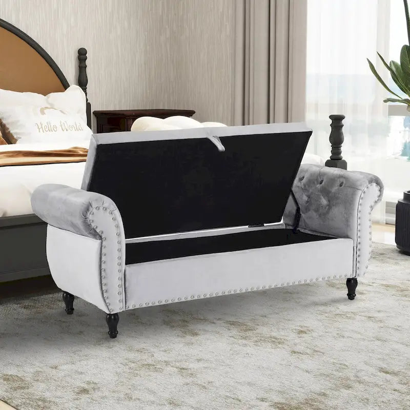 Velvet Storage Rectangular Bench With 1 Pillow,Ottoman For Living Rooms And Entryway