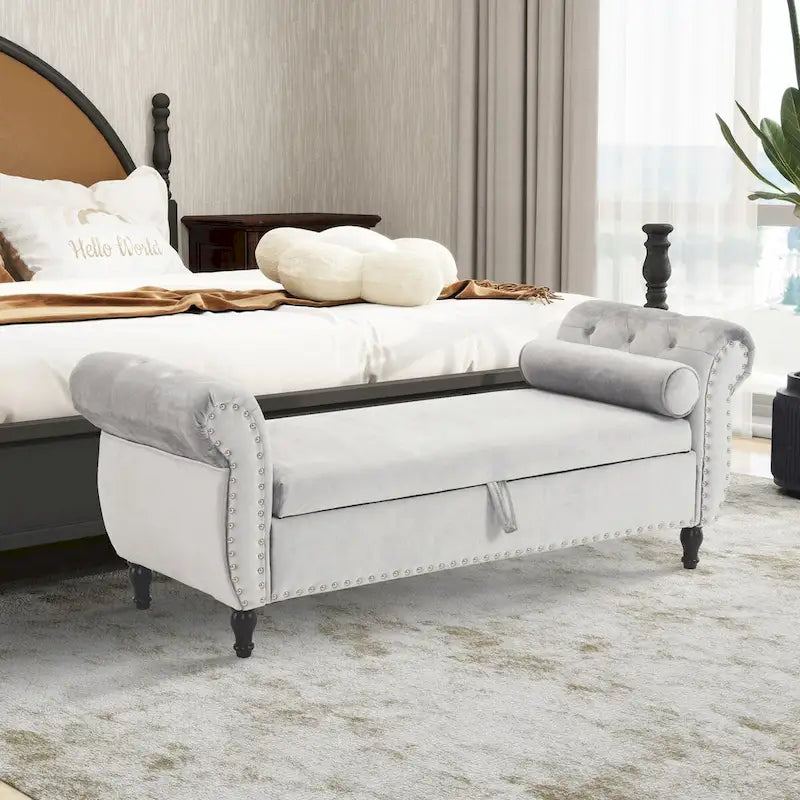 Velvet Storage Rectangular Bench With 1 Pillow,Ottoman For Living Rooms And Entryway